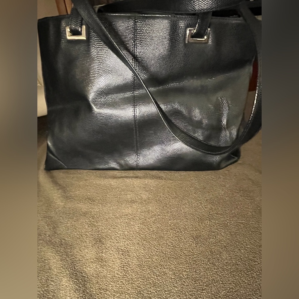 Coldwater Creek Black Textured Faux Leather Tote Bag Large Work Travel Classic